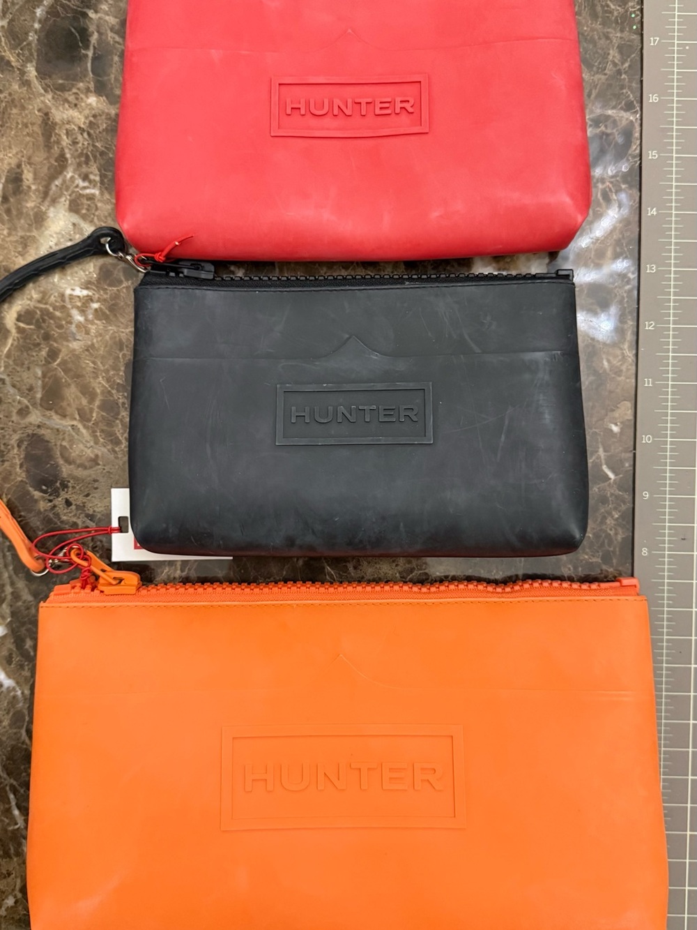 Hunter Green, Red, Black & Orange, Pink Rubber Zip Pouches — set of 6